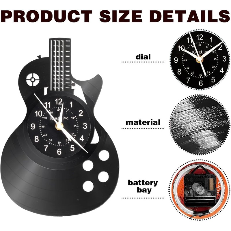 Guitar Vinyl Wall Clock – Silent Non-Ticking 30x30cm Decorative Clock