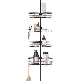 Zenna Home Tension Pole Shower Caddy Corner Organizer, Adjustable Standing Shower Caddy with 4 L-shaped Baskets and Hooks, Rust Resistant Bathroom Tension Rod Organizer, 60 to 97 Inch, Bronze