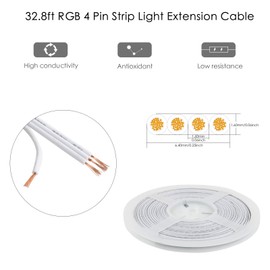 RGBZONE 10m/33ft 22AWG 4pin LED Light Strip Cable Cord, LED Electric Wire 22 Gauge, Conductor Extension Cable Line Cord for RGB LED Strip 5050 3528, PVC Plastic Flexible(White)