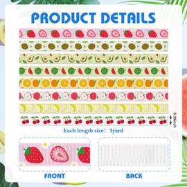 YKW 8 Pack Fruit Grosgrain Ribbon 3/8 Inch x 3 Yards - Strawberry Banana Apple Orange Cherry Watermelon Kiwi Avocado Ribbon Set for DIY Crafts Party Decoration Gifts