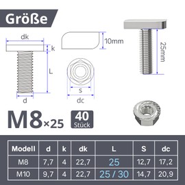 ORTAVA Hammer Head Screws M8 x 25, Pack of 40 Hammer Head Screws M8 Stainless Steel A2-70 with Flange Nuts, Hanger Bolts, Greenhouse Screws for PV Solar Mounting Rails, Photovoltaic