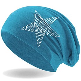 Hatstar Rhinestone Star Women's Beanie Hat, Elastic Slouch Long Beanie Girls Hat with Elegant Rhinestone Appliqué, Light and Soft - turquoise