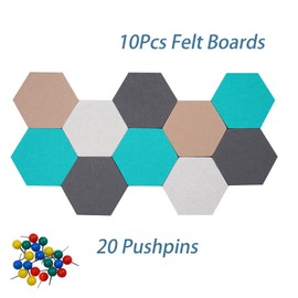 Afumazi 10Pcs Self Adhesive Felt Board Tiles Hexagon Bulletin Board for Walls, Felt Cork Pin Board for Pictures Photos Memos with Push Pins (Color D)