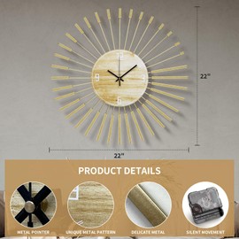 Anmotpe Large Starburst Wall Clock Mid Century Battery Operated Sunburst Clock Modern Wall Clocks Round Gold Wall Clock Non-Ticking Clock for Living Room Bedroom Kitchen Office-23.6inch