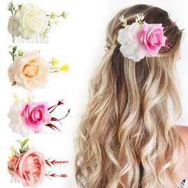 Yangshine 4 Pieces Artificial Flower Metal Hair Combs with Teeth Rose Side Clips Headwear Floral Hairpins Bridesmaid Hair Clips Pink White Champagne Rose Red 15cm