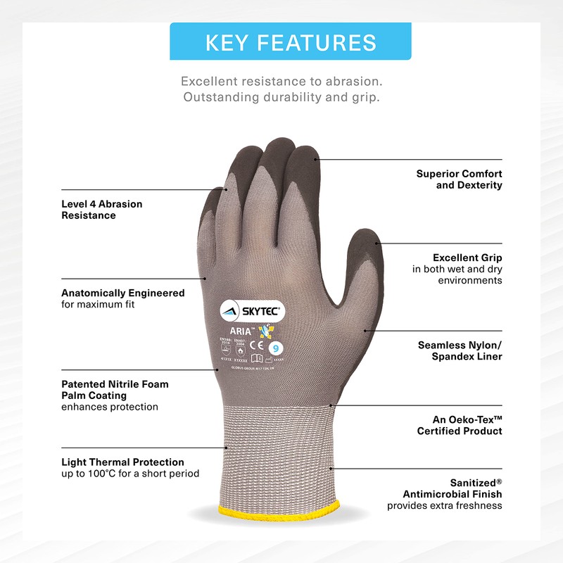 Skytec 1 Pack Aria Foam Grey Safety Work Gloves –