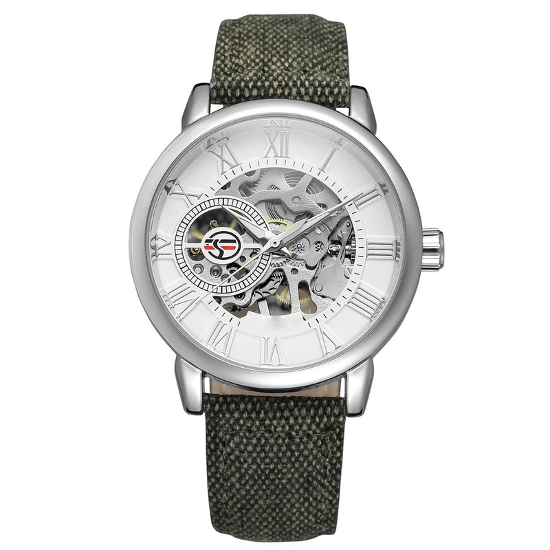 FORSINING Hollow Out Mechanical Waterproof Cloth Strap Male Wristwatch (White)