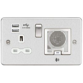 Flat Plate 13A Socket, USB Chargers (2.4A) and Bluetooth Speaker - Brushed Chrome with White Insert