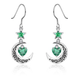 Qings May Emerald Green Birthstone Earrings for Women Sterling Silver 925 Crescent Moon Dangle Celtic Earrings with Heart Zirconia Gemstone Jewelry Gifts for Mother