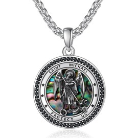 KATHLU St Michael Necklace for Men 925 Sterling Silver Saint Michael Pendant The Archangel Michael Catholic Religious Christian Necklace Jewelry Gifts-Abalone Shell