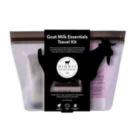 Dionis Goat Milk Skincare Lavender Blossom 6 piezas Self Care Essentials Travel Set - Jabón de barra, mantequilla de afeitar, crema de manos, loción corporal y exfoliante corporal de azúcar batida en estuche de transporte resellable resistente a fugas