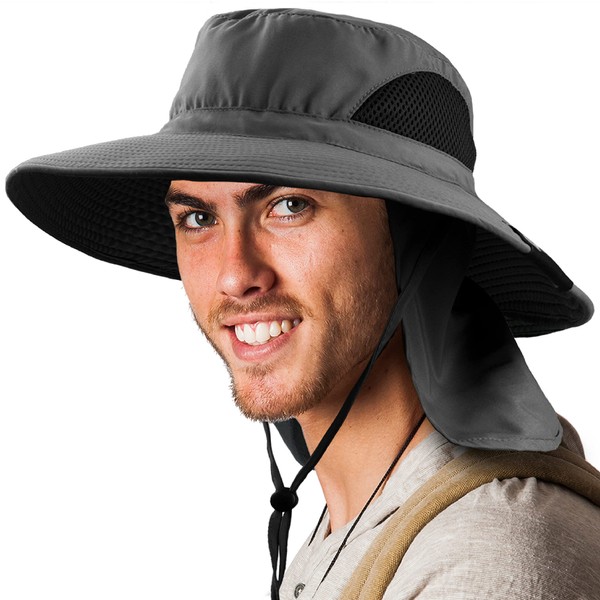 SUN CUBE Fishing Hat Sun Hat for Men, Women, Hiking Sun Hat with Neck Flap, Wide Brim, Chin Strap, Safari Summer Bucket Boonie Hat, UPF 50+ Outdoor Protection, Packable Breathable Mesh (Gray)