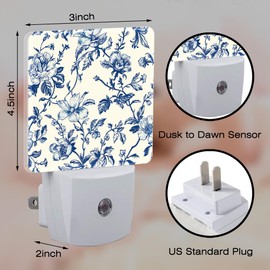 sndheke Vintage Blue Flowers Night Light, Abstract Botanical Floral Leaves Dusk to Dawn Plug in, 0.5w Energy Saving Sleep Friendly Night Light for Kids Boys Girls Home Decor