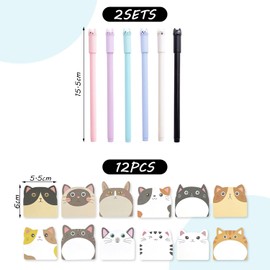12 Cat Neutral Pens and 1 Set of Cat Sticky Notes, Cool Things for Girls, Gift Stationery for Girls, Cartoon Cat Writing Pens, Gifts for Girls.