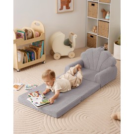 Blissful Diary Foldable Toddler Couch, 2-in-1 Comfy Toddler Chair & Lounger for Reading, Nap, Playroom, Kids Couch Sofa for 1 2 3+ Year Old Girls Boys Baby Birthday Gift, Gray Shell