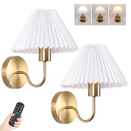 Rechargeable Battery Operated Wall Sconces Set of 2 Brushed Brass Wall Lights with Remote Dimmable Pleated Shades Wall Lamp 15 Colors Wireless Bathroom Vanity Light for Bedroom Living Room Hallway
