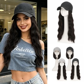 Hat Wigs for Women,Summer Baseball Cap Wigs,Hats with Hair Attached for Women/Men 18Inch Wave/Curly Straight Natural Black Hair Black Hat