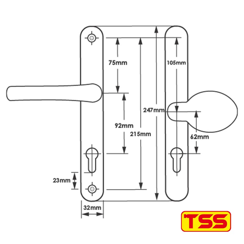 TSS UPVC Door Handle Set- Lever Moveable Pad - 92mm
