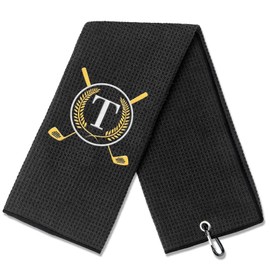 CGFN Golf Towel Gift, Golf Gifts for Men, Women Microfiber Waffle Golf Towels with Embroidered Monogrammed |16”x 24”Golf Towels for Golf Bags with Clip for Men (Black, Initial-T)