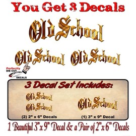 3 Old School Gold Print Effect Vinyl Decals 1-9'' and 2-6'' Retro Rockabilly Classic JDM Funny Car Window Stickers (2-6'' and 1-9" Gold Print)