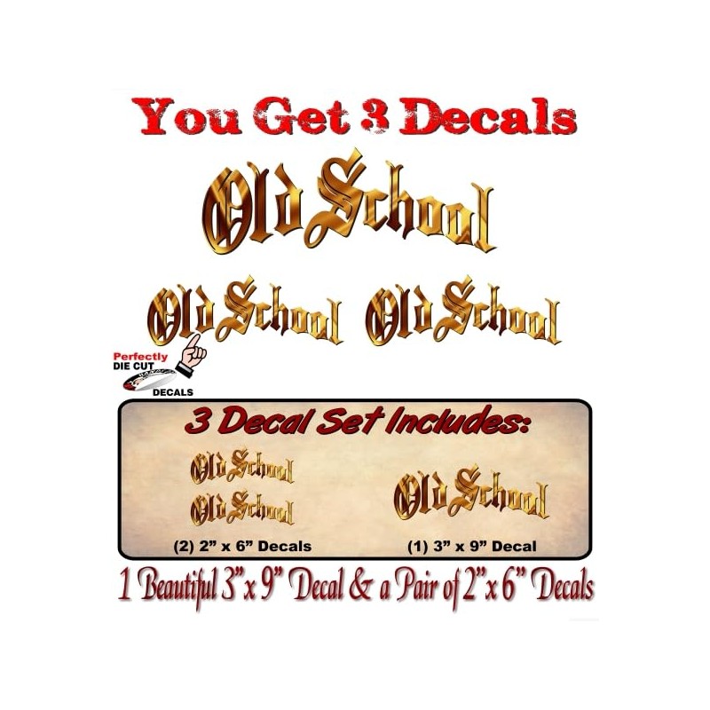 3 Old School Gold Print Effect Vinyl Decals 1-9'' and