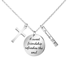Bible Verse Cross Pendant Christian Necklace Prayer Charm Faith Religious Jewelry for Women (A sweet friendship refreshes the soul)