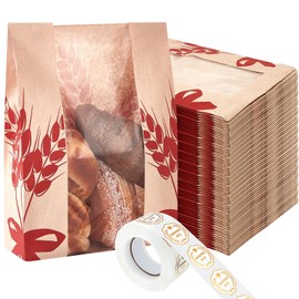 Gueevin 150 Pcs Kraft Paper Bread Bag for Homemade Bread Large Sourdough Loaf Bag with Clear Window Bakery Food Package Storage with 500 Pcs Sticker for Popcorn Cookies, 14x8.3x3.2'' (Red)