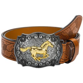 HilyBony Western PU Leather Belt for Men Women Cowboy Cowgirl Longhorn Bull Pattern Engraved Buckle Belt for Unisex, Horse
