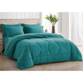 TRP 7 Piece Lightweight Pretty Honeycomb Geometric Stitch Pattern Fall Comforter Set King Size | All Seasons Green Blue Color Aesthetic Bedding Warm Plush Soft Luxury Farmhouse Look
