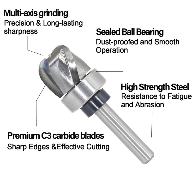 Pattern Flush Trim Router Bit 1/4 Shank, 3-Flute, 1/4" Radius,
