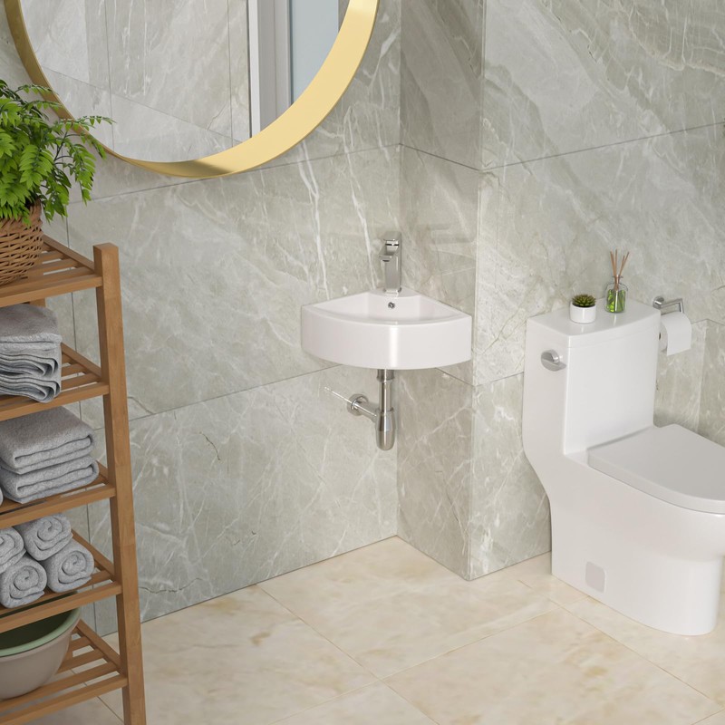 Lordear Wall Mount Corner Bathroom Sink 18 Inch White Ceramic