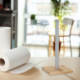 Relaxdays Standing Kitchen Roll Holder, Bamboo & Metal, Paper Roll Holder for Kitchen, H x W x D: 35 x 16 x 16 cm, Natural/Grey