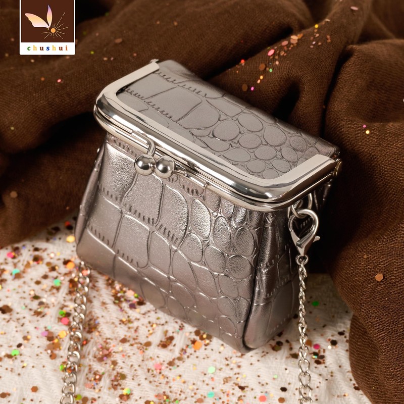 chushui Gunmetal Crocodile Embossed Mini Purse,Chain Gothic Tiny Bag, Micro