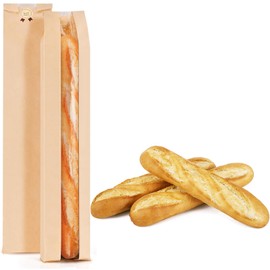 MXYEVL 50 Pack Baguette Bags for Homemade Bread with Stickers, Reusable Kraft Paper Bread Bags, Long Sourdough Paper Bread Bags with Clear Front Window