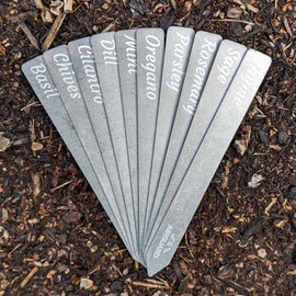 Metal Garden Row Markers Labels, 10pcs per Pack, with Plant Name or Blank, Plant Tags for Potted Plant Flower Vegetables Herbs, 6.0" x 0.625" (Herbs - Raw)
