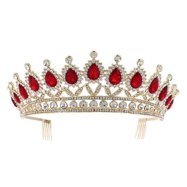 Lurrose 1 piece bridal rhinestone large crown with comb headdress alloy crown headdress elegant headdress for women girls (red)