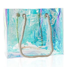 TotePrint PVC Holographic Shopping Bag Beach Bag - Reusable Transparent Tote Bag with Rainbow Effect, Waterproof Cotton Rope Handles for Supermarket, Beach, The sky blue