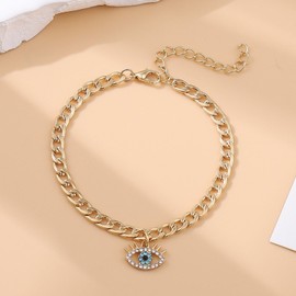 Zeshimb Evil Eye Ankle Bracelet Gold Plated Cuban Link Chain Anklet Cubic Zirconia Diamond Evil Eye Anklet Summer Beach Demon Eye Ankle Chain Turkish Lucky Foot Jewelry for Women