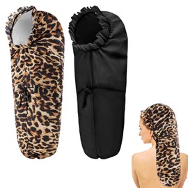 Abeillo 2 Extra Long Shower Caps for Women, Large Shower Caps for Braids with Long Hair and Curls, Waterproof Hair Caps for Dreadlocks with Drawstring for Women Men (Black, Leopard)