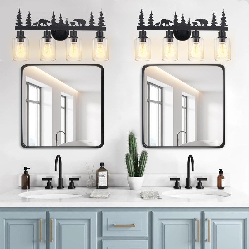 Monyohame Farmhouse Rustic Bear Bathroom Light Fixtures, 4-Light Black Vanity