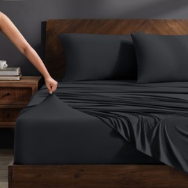 Bare Home Cooling Performance Jersey Knit Stretch Sheet Set, Moisture-Wicking & Breathable, 4-Way Stretch Bed Sheets, Envelope Pillowcases (Twin XL, Black)