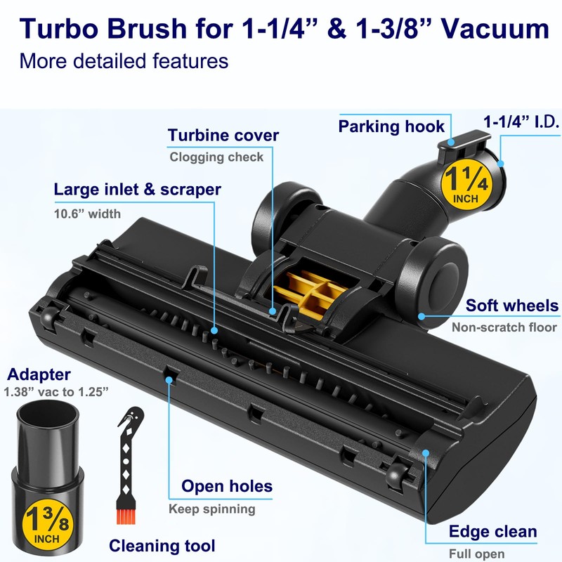 Portek Turbo Brush Head for 1-1/4" 1-3/8"(35mm) Vacuum Cleaners, Turbohead