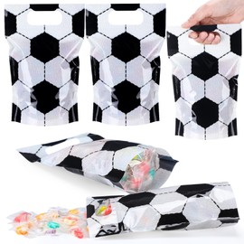 Blosssound 50 Pcs Sport Plastic Bags Clear Soccer Sealed Pouches with Handles Resealable Soccer Party Favor Bags for Sports Theme Birthday Party Candy Gift Wrap Supplies Decoration