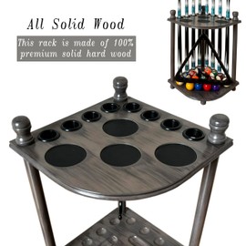 GACCO BILLIARDS Pool Cue Rack Hold up to 8 Sticks & Billiard Accessories. Floor Stand Pool Cue Stick Holder Made of 100% Solid Hardwood.(GREY)