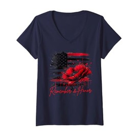 Womens Honor remember Memorial Day Vintage Poppy Flower Patriotic V-Neck T-Shirt