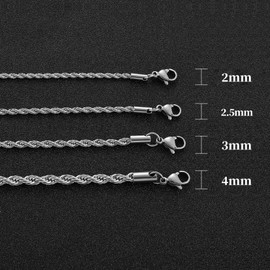 HSWYFCJY - 2 collares de cadena de cuerda para hombres y niños, chapado en oro de 18 quilates / collar de cadena de plata para mujeres y niñas, 2 mm - 4 mm 18 - 30 pulgadas, 26inches, Acero