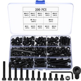 Pack of 200 M6 Screw Set, Black Hex Bolts with Nuts and Washers, Screws Nuts and Washers Assortment, Hex Screw Set with 2 Pieces Wrenches