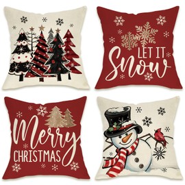 Fahrendom Merry Christmas Tree Decorative Throw Pillow Covers 18 x 18 Set of 4, Xmas Snowman Cardinal Porch Patio Outdoor Pillowcase, Let It Snow Winter Holiday Sofa Couch Cushion Case Home Decor