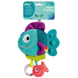 Ravensburger 4876 play+ Pop-it Piranha (blue), cuddly toy with many play effects, baby toy from 0 months