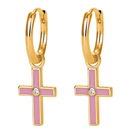 JewelryWe Cross Earrings for Women: Enamel Huggie Hoop Gold Preppy Style 925 Sterling Silver Hypoallergenic Post Stainless Steel Girls Ladies Small Dangle Hoops Gift